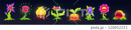 Fantasy plant monster. Alien flower. Evil blossom. Mystic flora. Predatory garden. Carnivorous and venomous creature. Game forest. Fairy botany. Hungry bloom. Vector cartoon botanical characters set Fantasy plant monster. Alien flower. Evil blossom. Mystic flora. Predatory garden. Carnivorous and venomous creature. Game forest. Fairy botany. Hungry bloom. Vector cartoon botanical characters set 120052251