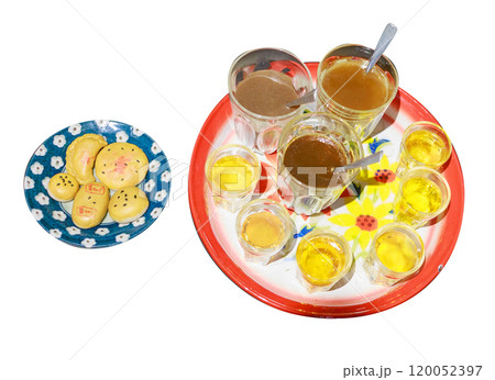 Die cut of Tea set with dessert, simulation on white isolated. 120052397