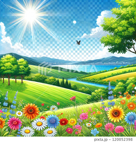 ひまわり畑のある風景 120052398