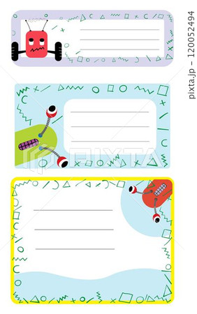 Notebook labels vector set template design with comic robot character set 120052494