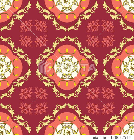 Decorative repeating pattern with bright ornaments with claret background Decorative repeating pattern with bright ornaments with claret background 120052515