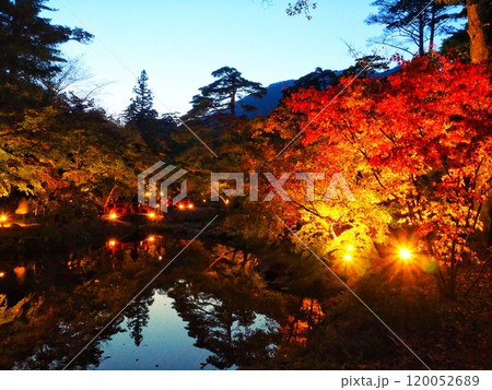 秋の紅葉、もみじのライトアップとリフレクション 120052689