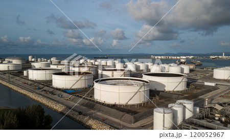 Aerial view oil and gas refinery depot industrial facility storage tank petrochemical, Crude oil and gas refinery depot terminal, Storage tank petroleum petrochemical oil and gas refinery oil and gas. 120052967