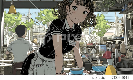 カジュアルレストランで働いている若いウェイトレス