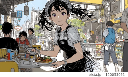 カジュアルレストランで働いている若いウェイトレス