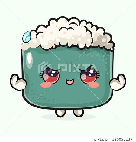 Cute funny Sushi strong. Vector hand drawn cartoon kawaii character illustration icon. Isolated on light green background. Sushi shows muscles character concept 120053137