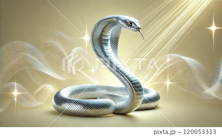 巳年の銀色蛇の金運の象徴と年賀状素材2「AI生成画像」のイラスト素材