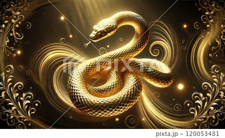 巳年の黄金蛇の金運象徴と年賀状素材2「AI生成画像」 120053481