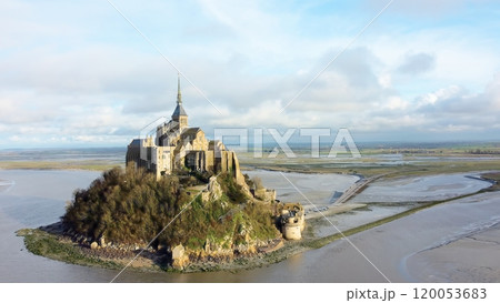 Aerial View of Mont Saint-Michel and Surrounding Tidal Flats Aerial View of Mont Saint-Michel and Surrounding Tidal Flats 120053683