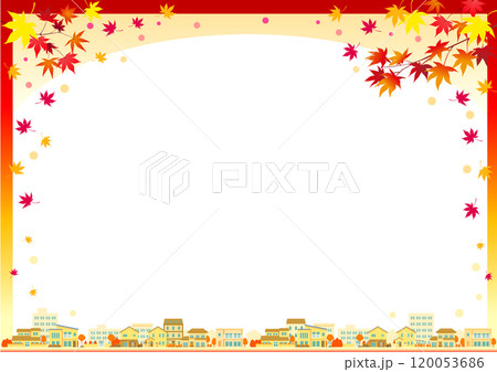 赤く色づく紅葉と、秋深まる街並みのベクター・PNGのフレーム・背景素材 120053686