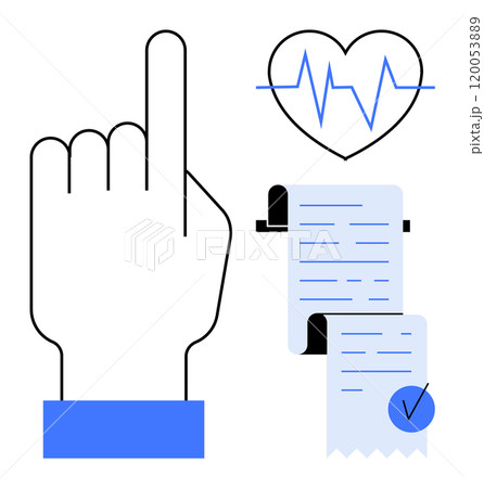 A hand points upward with a heartbeat symbol alongside a medical report and a checkmark. Ideal for health apps medical assessments fitness technology patient monitoring and reports. Modern minimal 120053889