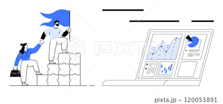 Two people, one helping the other climb puzzle piece blocks, symbolic of teamwork and leadership. To the right, a laptop displaying charts and graphs, representing data analysis. Ideal for teamwork 120053891