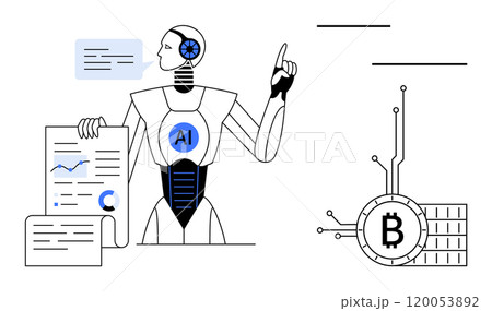 A robot with AI labeled on its chest analyzing data charts and graphs while pointing towards a Bitcoin symbol with blockchain lines. Ideal for AI, cryptocurrency, blockchain, data analysis A robot with AI labeled on its chest analyzing data charts and graphs while pointing towards a Bitcoin symbol with blockchain lines. Ideal for AI, cryptocurrency, blockchain, data analysis 120053892