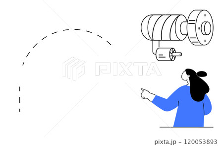 Person in blue pointing at a rotating mechanism. Ideal for technology, engineering, education, science, mechanical systems. Simple and modern style Person in blue pointing at a rotating mechanism. Ideal for technology, engineering, education, science, mechanical systems. Simple and modern style 120053893
