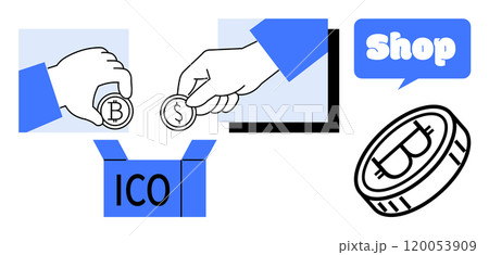 Two hands holding Bitcoin and dollar coins, a box with ICO text, a cryptocurrency coin, and a speech bubble with the word Shop. Ideal for cryptocurrency promotion financial education digital currency 120053909