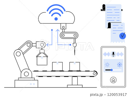 A robotic arm operates on a conveyor belt with three boxes, connected to a cloud network. A smart controller and checklist enhance efficiency. Ideal for automation, AI technology, industrial IoT 120053917
