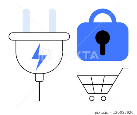 Blue lock, electric plug, and shopping cart. Ideal for e-commerce, online security, digital payments, technology integration, secure transactions. Simple line art style Blue lock, electric plug, and shopping cart. Ideal for e-commerce, online security, digital payments, technology integration, secure transactions. Simple line art style 120053926
