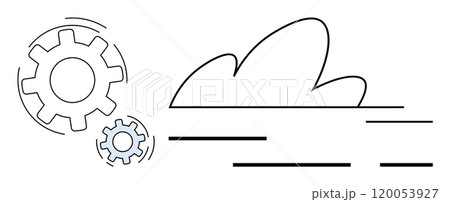 Two interlocking gears next to a cloud shape with horizontal lines representing speed and data flow. Ideal for technology, cloud computing, innovation, data management, and automation themes. Simple Two interlocking gears next to a cloud shape with horizontal lines representing speed and data flow. Ideal for technology, cloud computing, innovation, data management, and automation themes. Simple 120053927