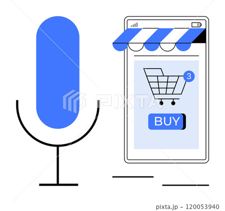 Large microphone next to a smartphone screen showing a shopping cart with badge and buy button. Ideal for mobile commerce, voice assistants, e-commerce trends, online shopping, technology 120053940
