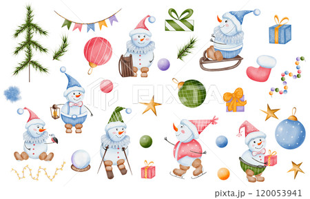 Snowmen, Christmas tree, gifts, balls. Hand drawn Christmas watercolor set. Illustrations with colored holiday elements on a white background. Isolated. For designs, cards, banners and more. 120053941