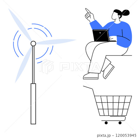 Woman holding laptop and pointing at wind turbine beside shopping cart Ideal for, technology sustainability eco-friendly shopping and renewable energy themes Modern minimalistic clean style 120053945