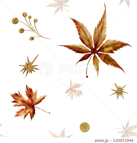 Watercolor set of hand drawn dry autumn leaves with golden texture. Maple leaves, stars, twig, circles. Seamless pattern Isolated on a white background. Great for cards, print, fabric Watercolor set of hand drawn dry autumn leaves with golden texture. Maple leaves, stars, twig, circles. Seamless pattern Isolated on a white background. Great for cards, print, fabric 120053946