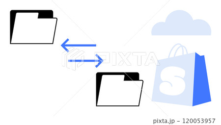 Two folders with left-right arrows, a cloud, and a shopping bag symbol. Ideal for data transfer, cloud storage, ecommerce, digital organization, and online business in minimalist vector style 120053957