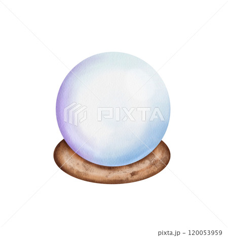 Traditional Christmas glass snow globe. Magic crystal. Transparent, with smoke, without objects inside. Watercolor hand drawn illustration. Isolation on a white background 120053959