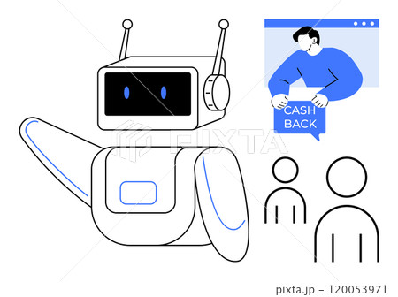 Friendly robot pointing towards a person advertising cash back offers accompanied by two simple human avatars. Ideal for technology, finance, customer engagement, advertising, and automation 120053971