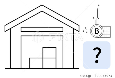 Warehouse structure with stacked boxes alongside a digital Bitcoin symbol and a question mark. Ideal for finance technology security storage cryptocurrency and blockchain 120053973