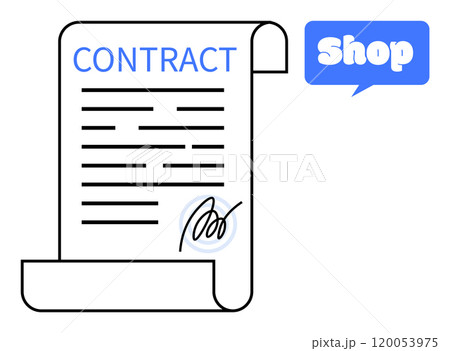 Contract document scroll with black text and signature at the bottom. Blue Shop notification bubble on the top right. Ideal for e-commerce, legal services, digital agreements, contracts, online 120053975
