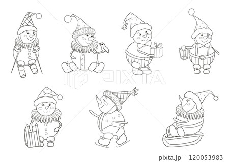 Set of vintage snowmen. Winter fun. Black and white vector hand drawn illustration in cartoon style. Christmas element for cards, print, banners and other design Set of vintage snowmen. Winter fun. Black and white vector hand drawn illustration in cartoon style. Christmas element for cards, print, banners and other design 120053983