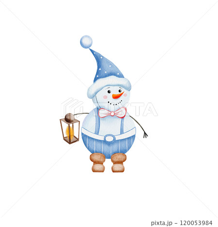 Christmas snowman in a Santa hat, with a lantern in his hands and pants. cute children's New Year character, hand drawn in watercolor. Isolated on a white background. Cartoon style. For design Christmas snowman in a Santa hat, with a lantern in his hands and pants. cute children's New Year character, hand drawn in watercolor. Isolated on a white background. Cartoon style. For design 120053984