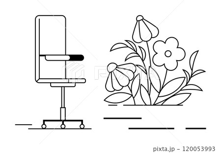 Office chair next to flowers with leaves and stems. Ideal for office spaces, nature themes, work-life balance concepts, minimalistic art, and interior design. Simple black outlines on a white 120053993