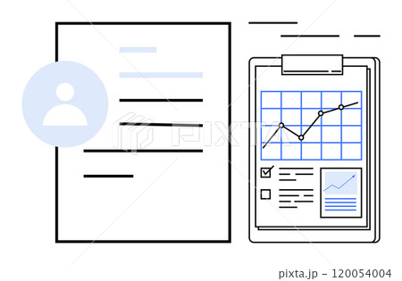 Two documents are placed side by side, one with a user icon and text, and the other with a line graph and checklists. Ideal for business, data analysis, reports, user profiles, and organizational Two documents are placed side by side, one with a user icon and text, and the other with a line graph and checklists. Ideal for business, data analysis, reports, user profiles, and organizational 120054004