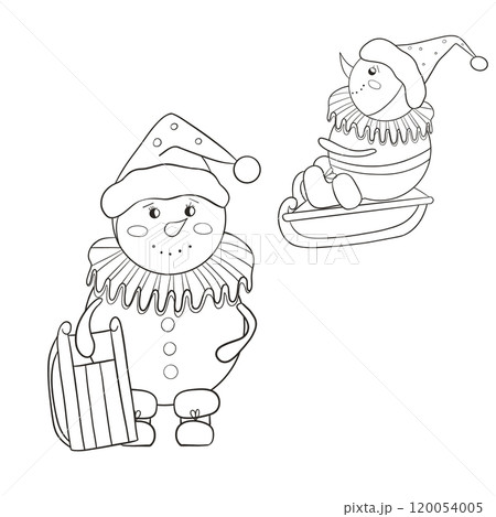 Set of vintage snowmen. They are sledding. Black and white vector hand-drawn illustration in cartoon style. Christmas element for cards, print, banners and other design 120054005