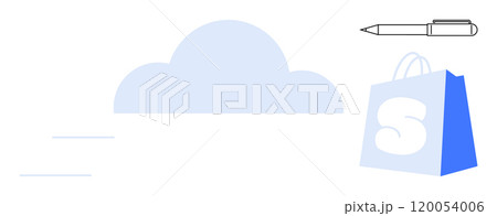 Blue cloud, shopping bag with S logo, and pen on white background with minimalist style. Ideal for e-commerce, cloud storage, online shopping, delivery services, stationery, and digital business Blue cloud, shopping bag with S logo, and pen on white background with minimalist style. Ideal for e-commerce, cloud storage, online shopping, delivery services, stationery, and digital business 120054006