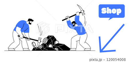 Two workers with tools mining digital currencies depicted in a modern, simplistic style. Speech bubble with word shop and arrow. Ideal for cryptocurrency, blockchain, e-commerce, mining, investment 120054008