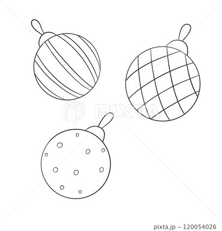 Set of Christmas balls in vintage style. Hand drawn outline illustration, black and white isolated. Vector. For cards, design. banners, invitations Set of Christmas balls in vintage style. Hand drawn outline illustration, black and white isolated. Vector. For cards, design. banners, invitations 120054026