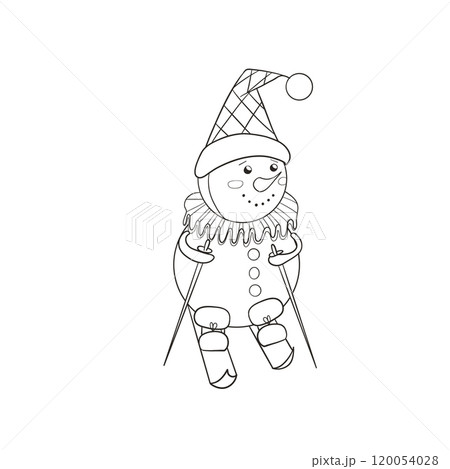 Collection of White Snowman Winter on Blue BackgroundVintage cute snowman in boots, jabot and hat skiing. Black and white vector hand-drawn illustration in cartoon style. Christmas element for cards 120054028