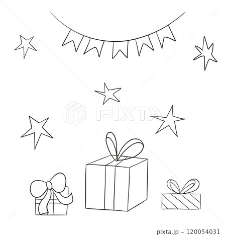 Vector set for the holiday. Hand drawn illustration of gifts, stars and garland. Black and white graphic composition. For banners, cards, invitations Vector set for the holiday. Hand drawn illustration of gifts, stars and garland. Black and white graphic composition. For banners, cards, invitations 120054031