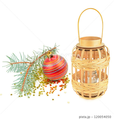Wicker Candle Holder and Christmas Decorations isolated on a white 120054050