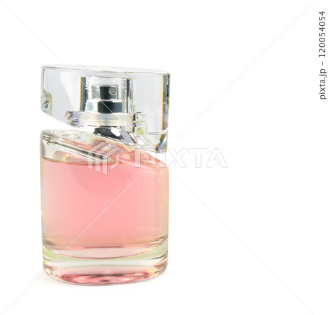 Perfume bottle with blank label, isolated on white. Free space for text. Perfume bottle with blank label, isolated on white. Free space for text. 120054054