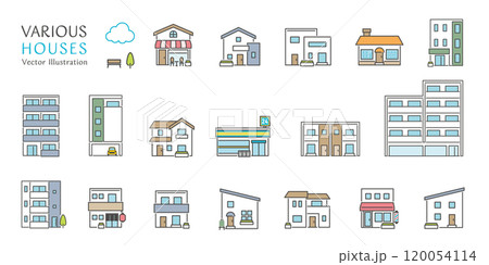 住宅、お店、マンションなどの建物のシンプルでかわいいベクターイラストのアイコンセット 住宅、お店、マンションなどの建物のシンプルでかわいいベクターイラストのアイコンセット 120054114