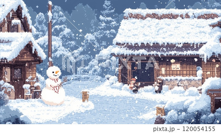 ドット絵で描く日本の伝統的な田舎の冬の景色のイラスト素材