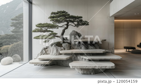 和の美を感じる盆栽のあるシンプルな室内庭園 120054159