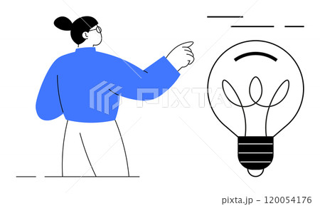 Simplified illustration of a person pointing at a large light bulb. Ideal for creativity, ideas, technology, innovation, and education. Minimalist style with blue and black colours 120054176