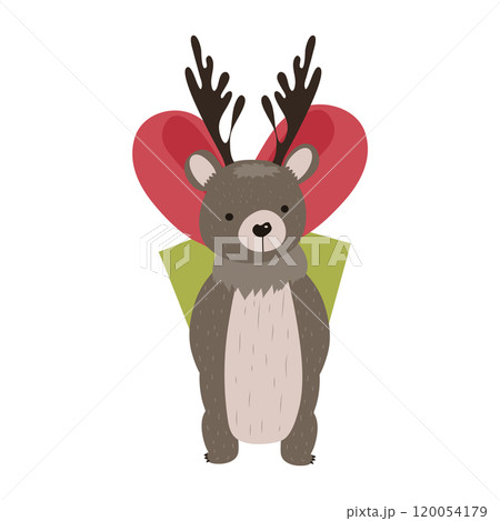 Bear with Christmas antlers in flat design. Cute mascot holds holiday gift. Vector illustration isolated. 120054179