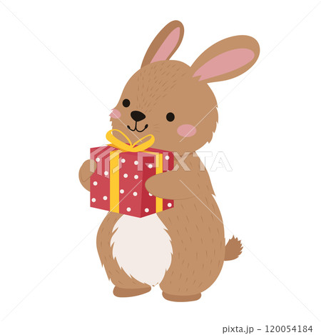 Rabbit holds Christmas gift in flat design. Cute character with holiday box. Vector illustration isolated. 120054184