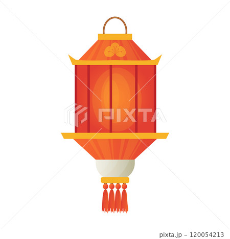 Chinese lantern in flat design. Red hanging paper lamp with tassels. Vector illustration isolated. Chinese lantern in flat design. Red hanging paper lamp with tassels. Vector illustration isolated. 120054213